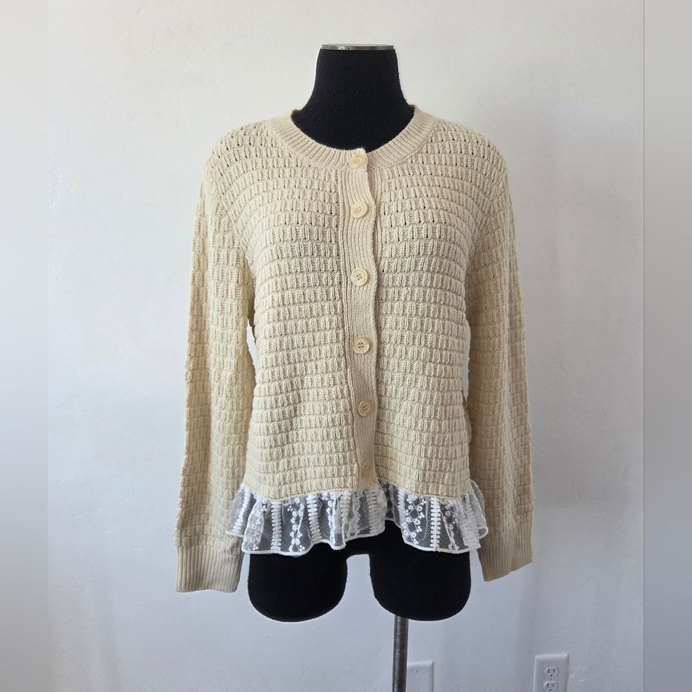 Cream Lace Trim Cardigan Sweater Preppy Coquette Old Money Academia Feminine L - Picture 2 of 12